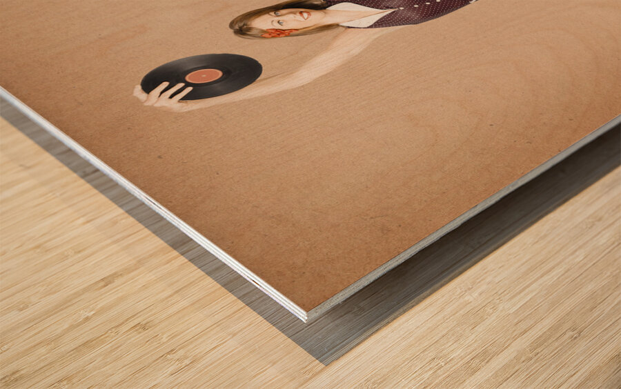 Glamorous pinup girl holding vinyl LP records Wood print