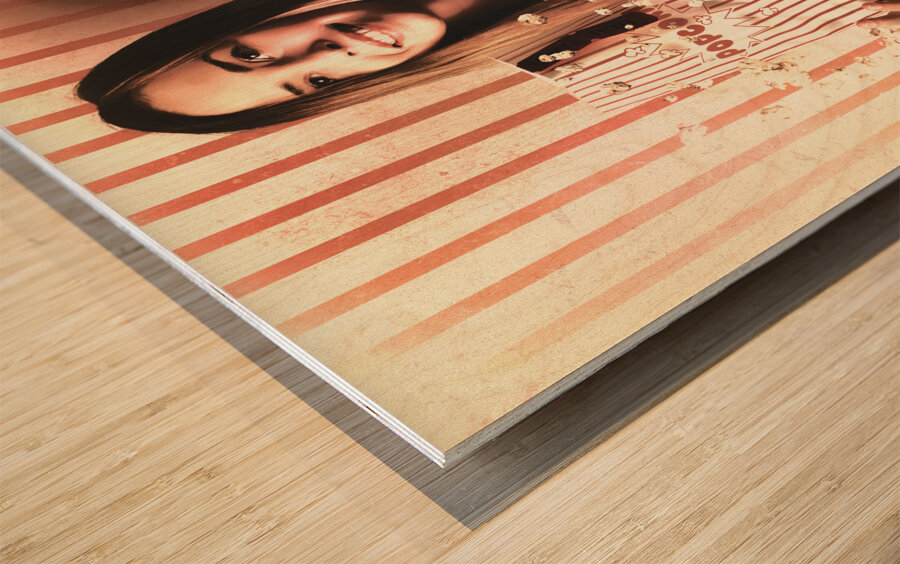 Vintage cinema girl with movie popcorn. Retro film Wood print