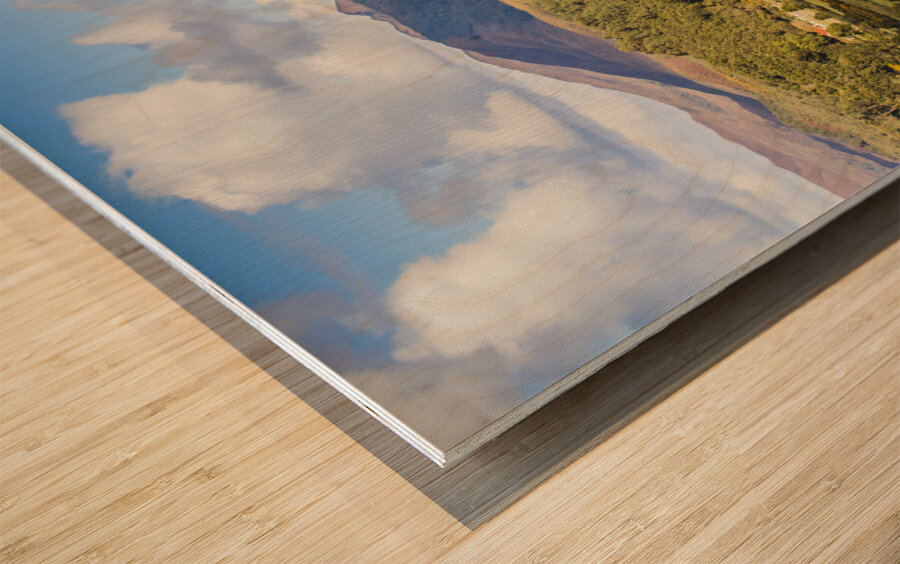 Rural landscape with mountains and valley village Wood print