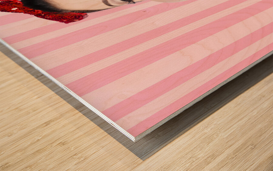 Cute candy store girl blowing chewing gum bubble Wood print