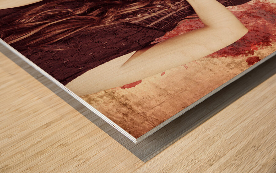 Vintage girl holding smoking German Lugar pistol Wood print