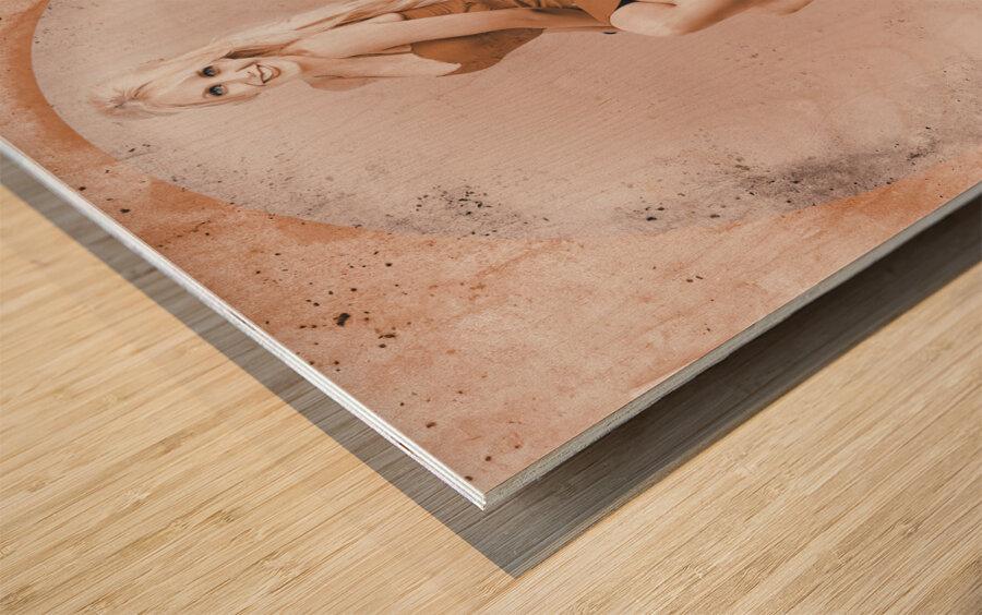 Happy american style pin-up girl on retro chair Wood print