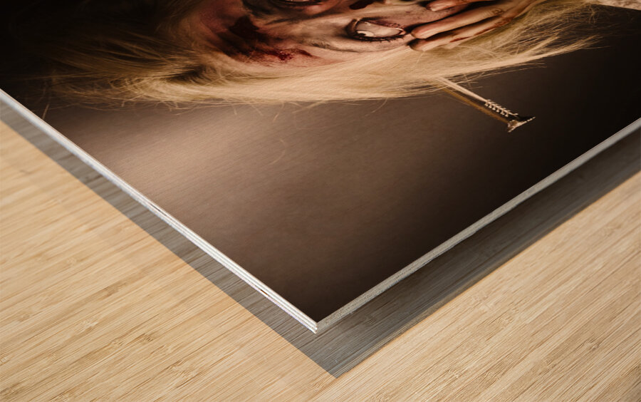 Facing dark horror. Dying zombie screaming in fear Wood print