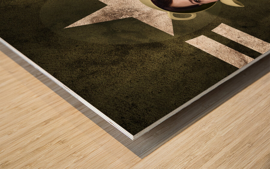 Cute military pin-up woman on army star background Wood print