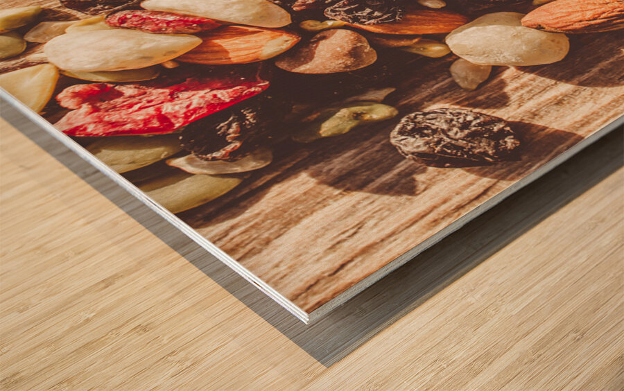 Rustic dried fruit and nut mix Wood print
