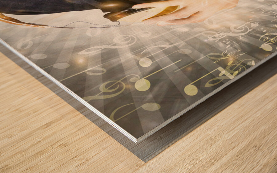 Rock man with beard listens to music on earphones Wood print