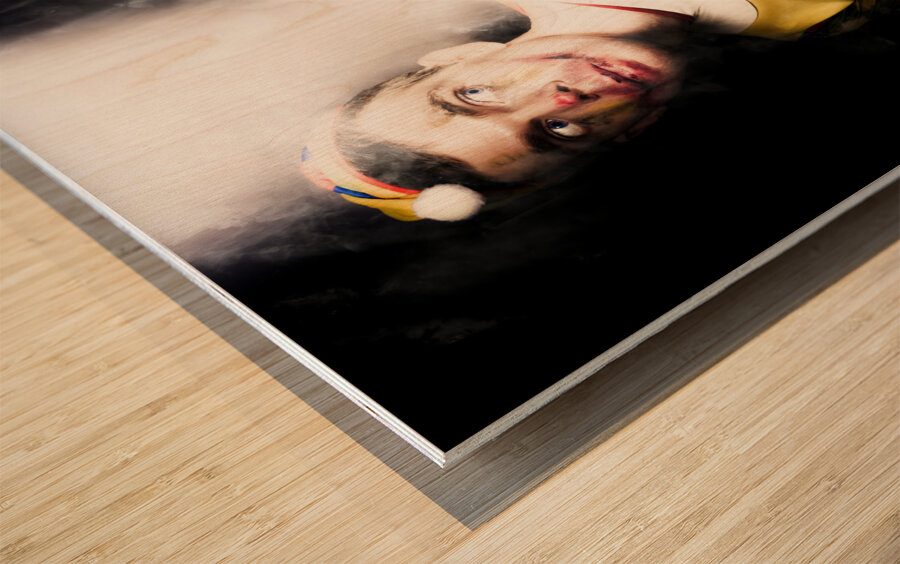 Scary Clown Standing In Shadows With Smoking Gun Wood print