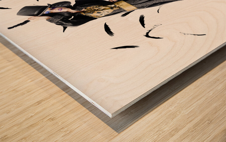 Entertainer dancing among falling feathers Wood print