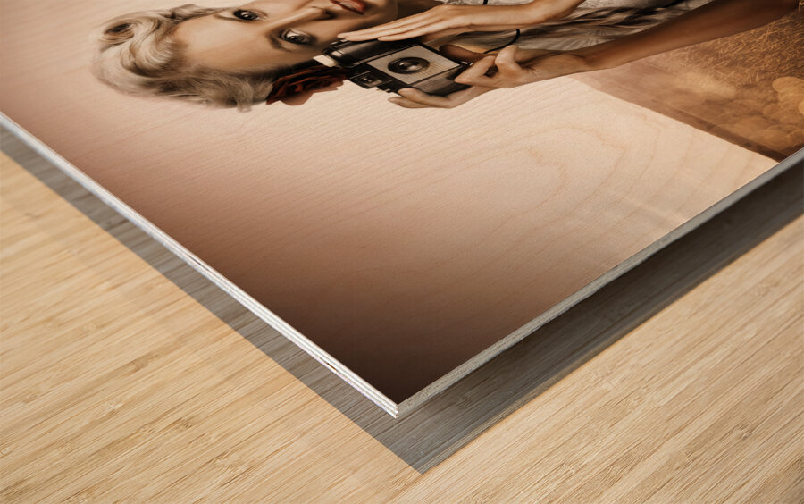 Young Female Photographer With Vintage Camera Wood print