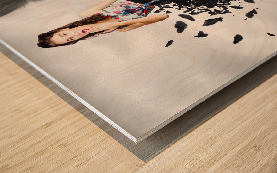 Brunette pin-up woman in gorgeous feather skirt Wood print