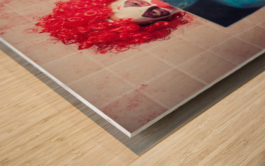 Scary clown peeking behind x-ray. Funny bones Wood print