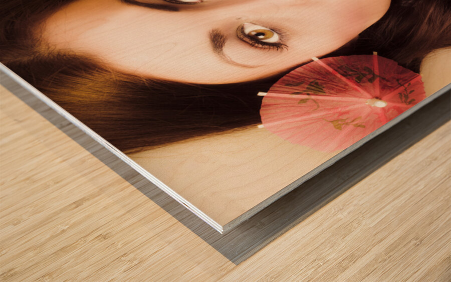 Pinup poster girl drinking at retro cocktail party Wood print