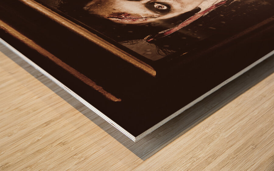 Zombie school girl pulling a funny face on glass Wood print
