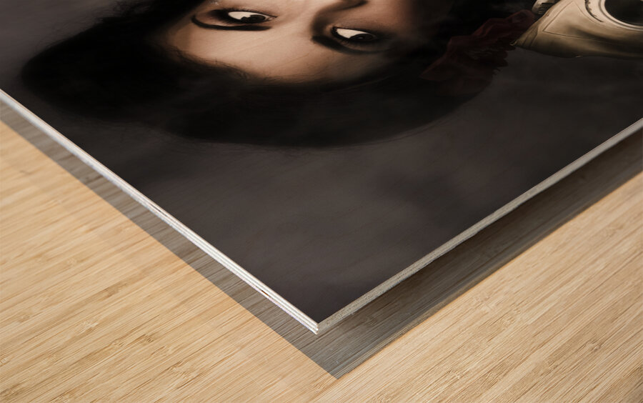 Vintage army pinup girl holding gas mask Wood print