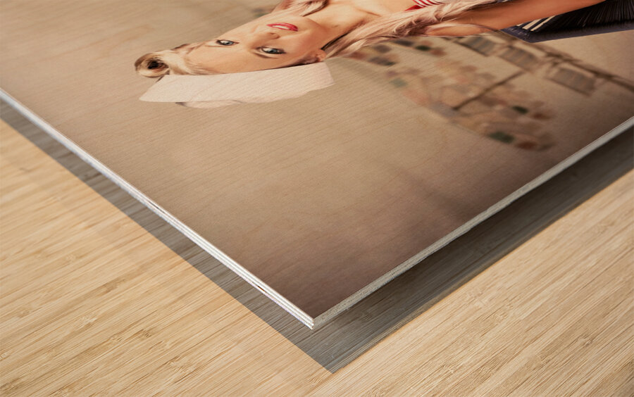 Retro Blond Beach Pinup Model With Elegant Look Wood print