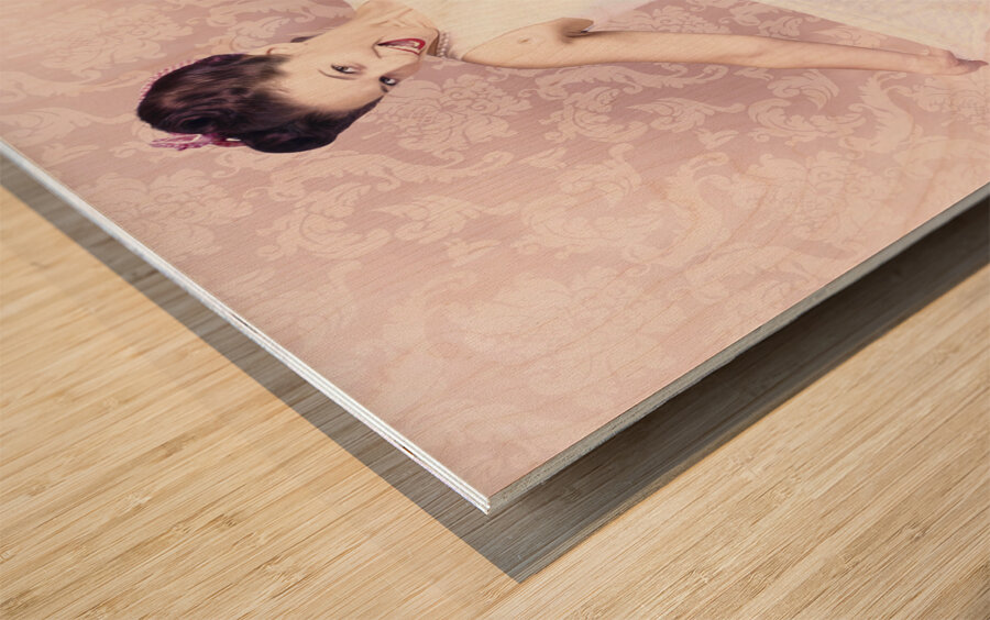 Young beautiful pinup woman dancing in retro dress Wood print