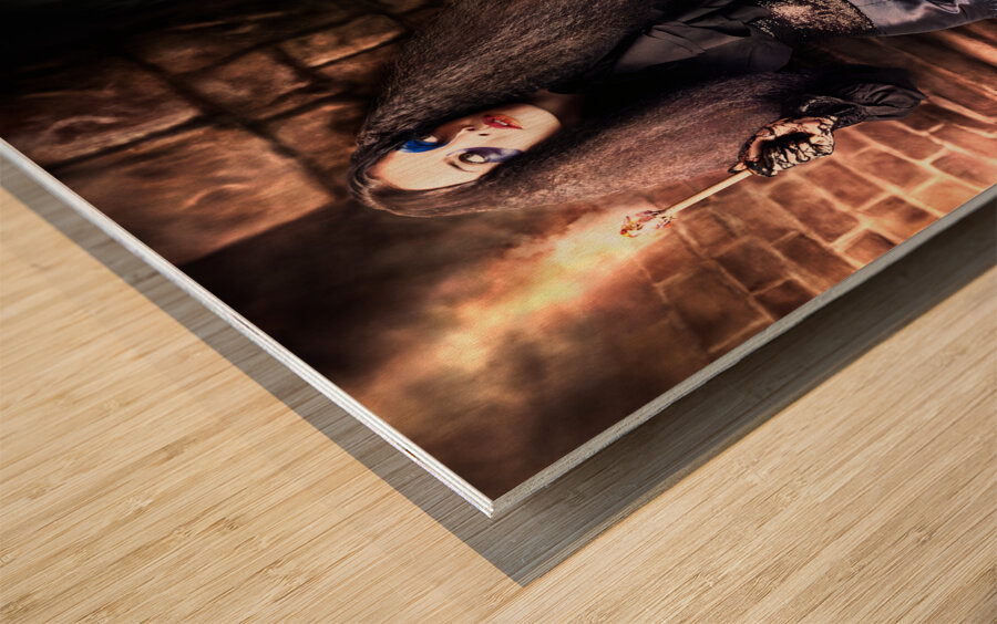 Female jester walking inside dark castle stairwell Wood print