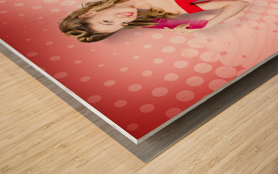 Beauty pinup model straightening rolled 50s hair Wood print