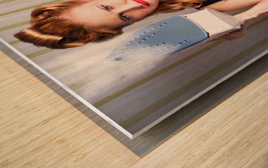 Funny 50s Pinup Girl Holding Steaming Hot Iron Wood print