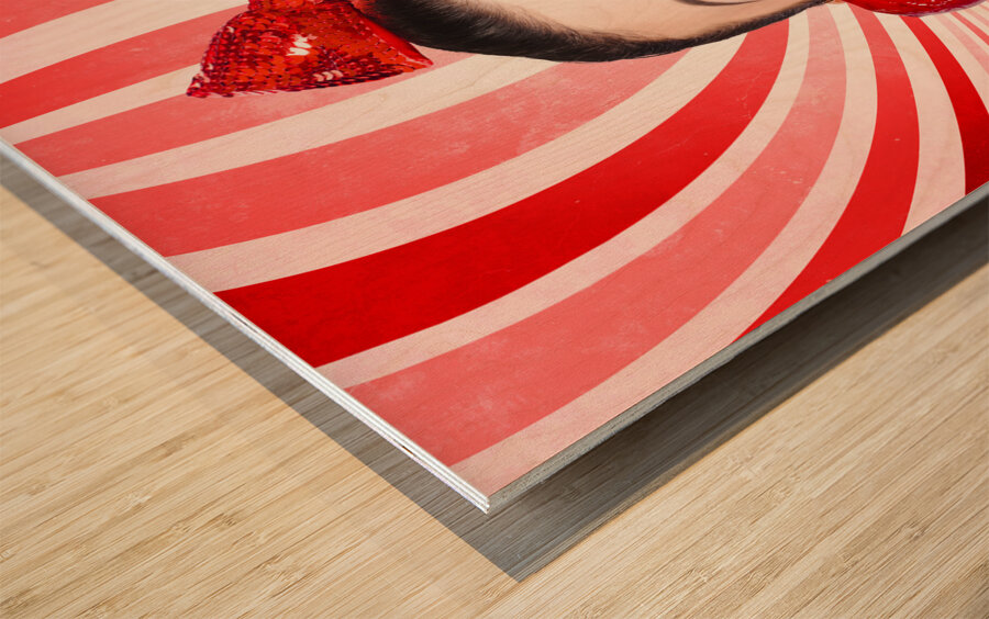 Happy young retro woman with lollipop toffee apple Wood print