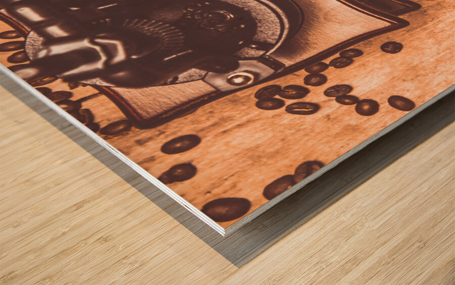 Vintage grinder with sacks of coffee beans Wood print