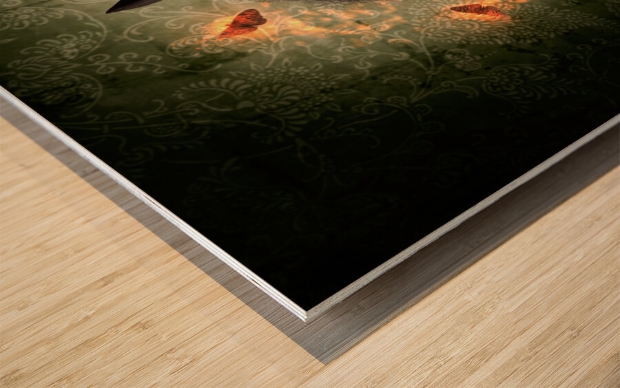 Stylish female magician performing magic trick Wood print