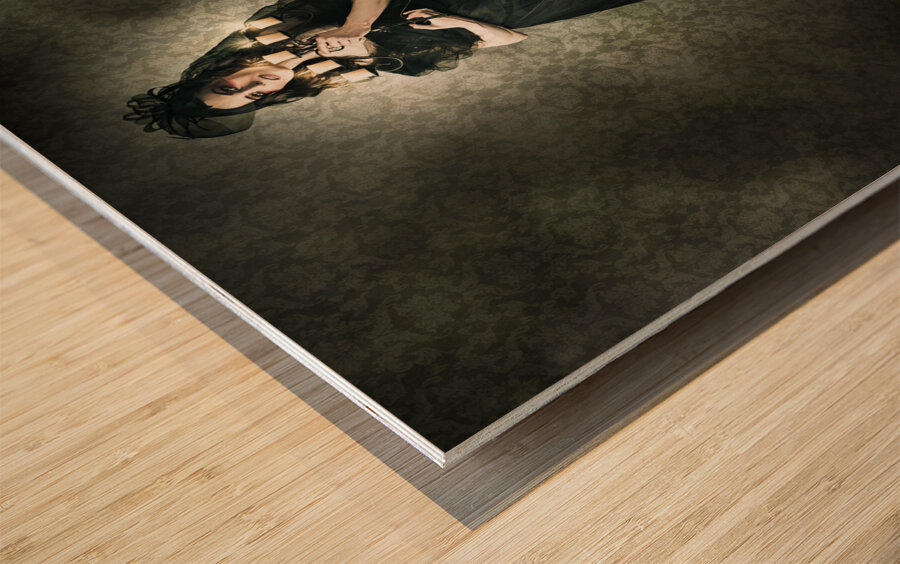 Black Fashion Model In Dark Vintage Haunted House Wood print