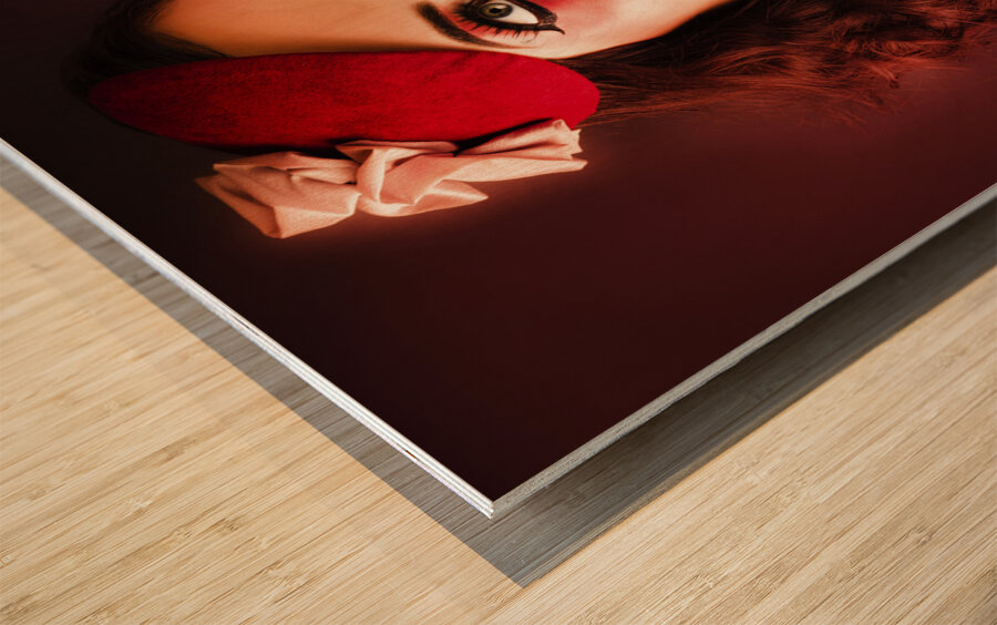 Luxury Woman In Red Makeup And Fashion Accessories Wood print