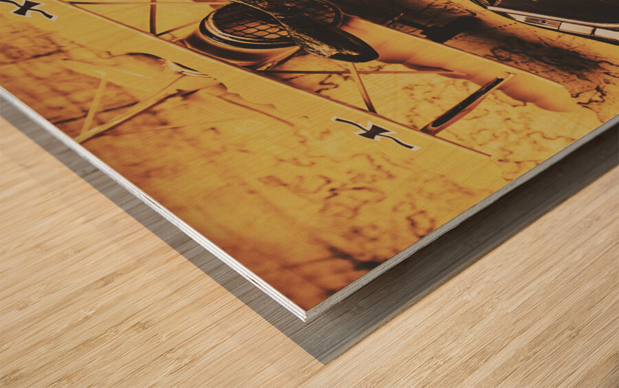 Aviator goggles cap and airplane on old world map Wood print