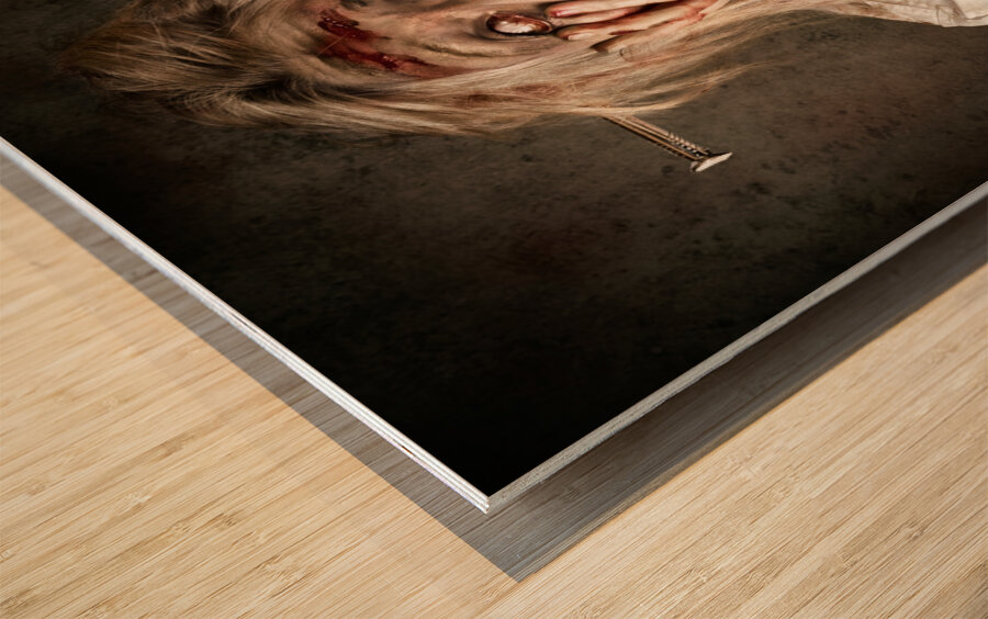 Shock horror. Surprised businesswoman zombie Wood print