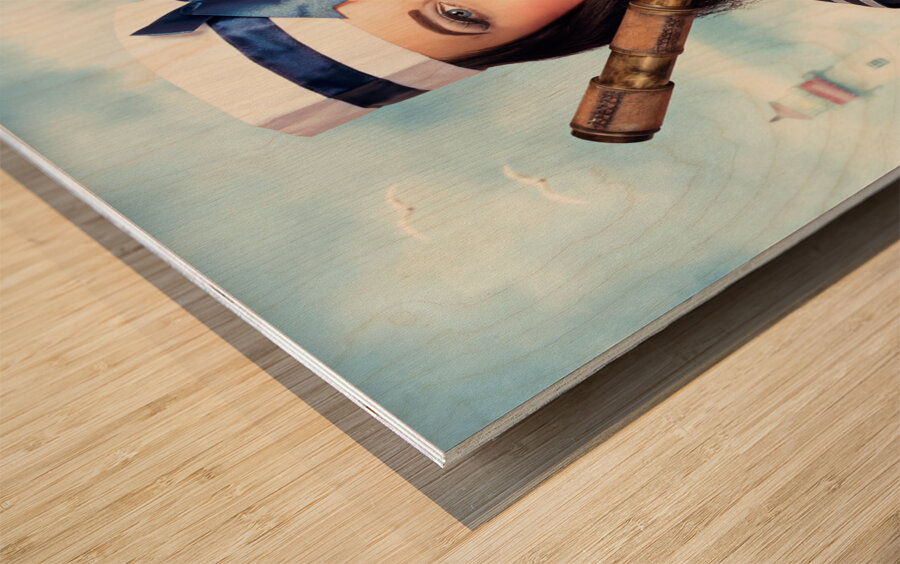 Smiling young pinup sailor girl. Sea search and rescue Wood print