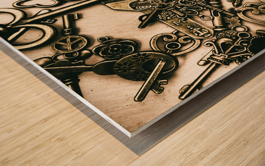 Vintage keys on wooden table Wood print