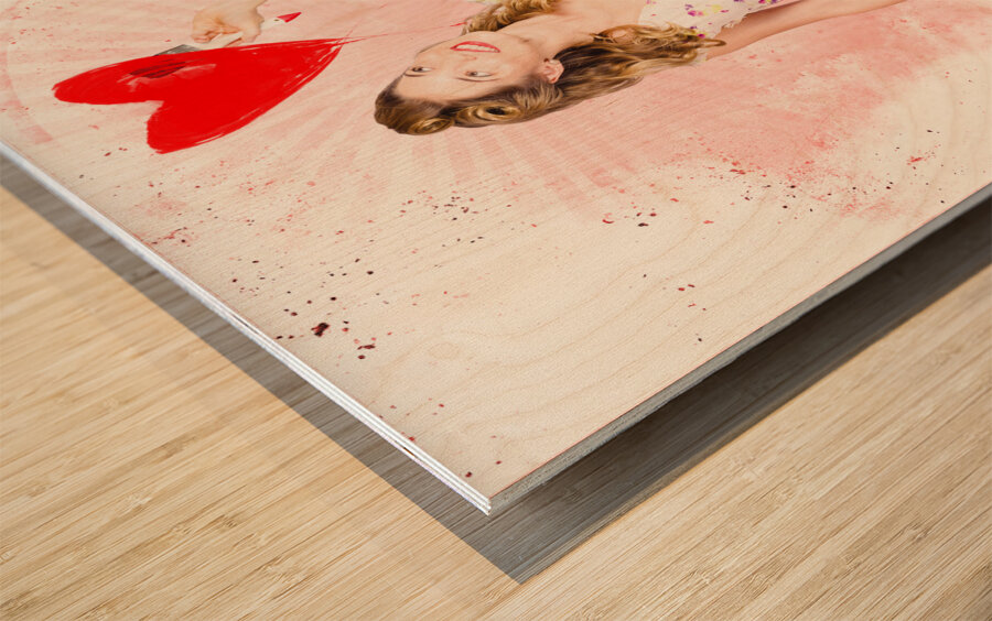 50s blond pin-up girl painting red love heart  Wood print