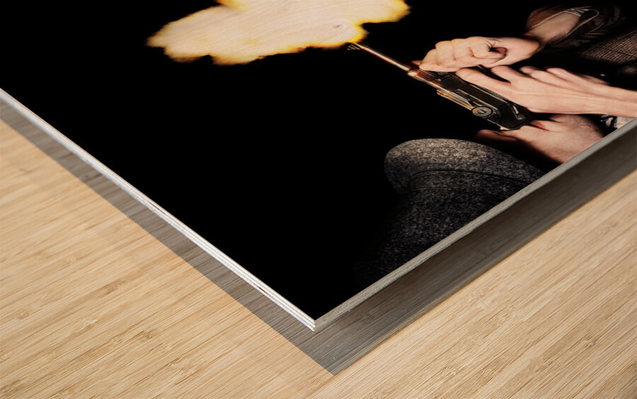 Vintage Gangster Man Shooting Gun On Black Wood print