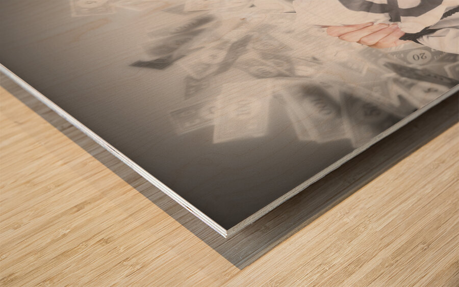 Funny businessman with falling money. Success Wood print