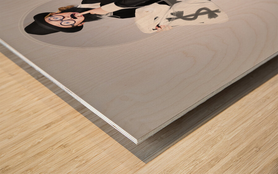 Young business person holding money at bank teller Wood print