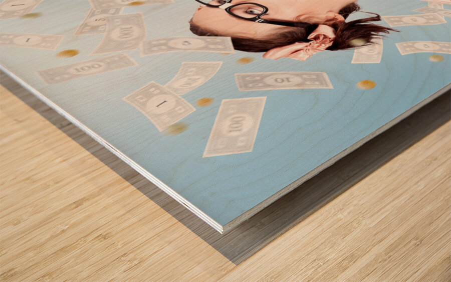 Successful Female Business Superhero Winning Money Wood print