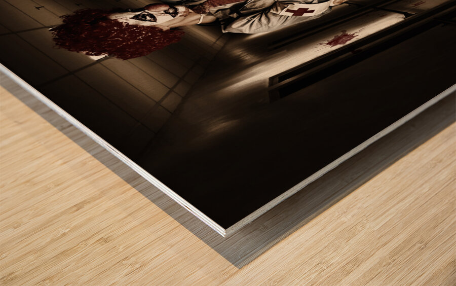 Dark hospital clown in spooky theatre nightmare Wood print