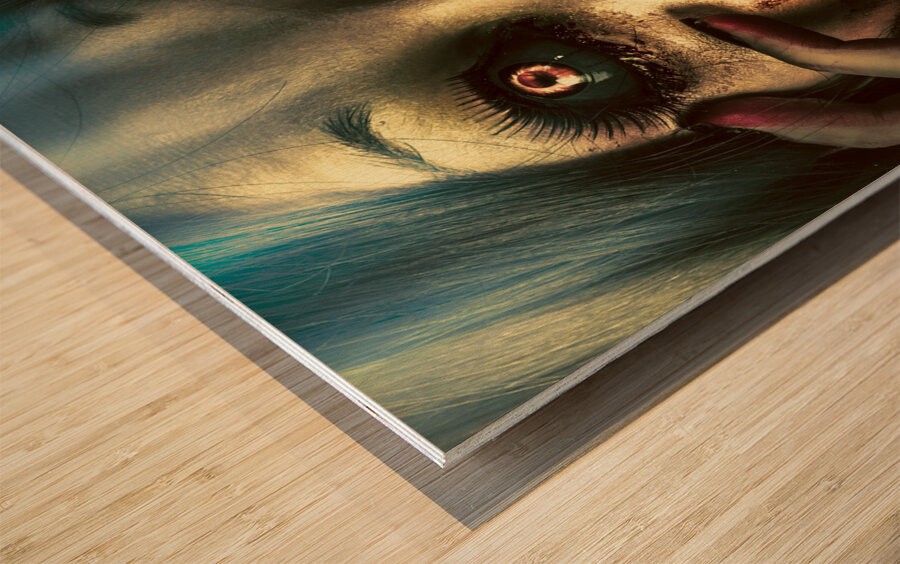 Dark scary female face expressing bloody fear Wood print