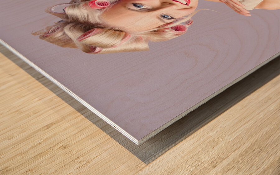 Woman with rollers in hair Wood print