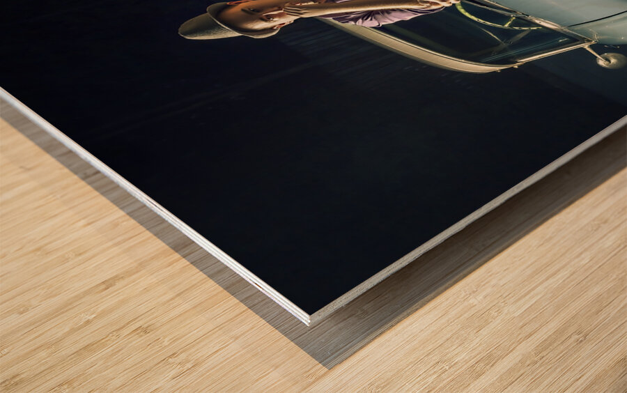 1950s private eye investigator with smoke on car Wood print