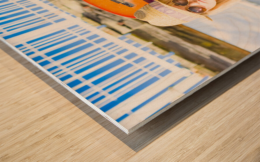 Sunset Busker Holding Guitar In Tropical Paradise Wood print