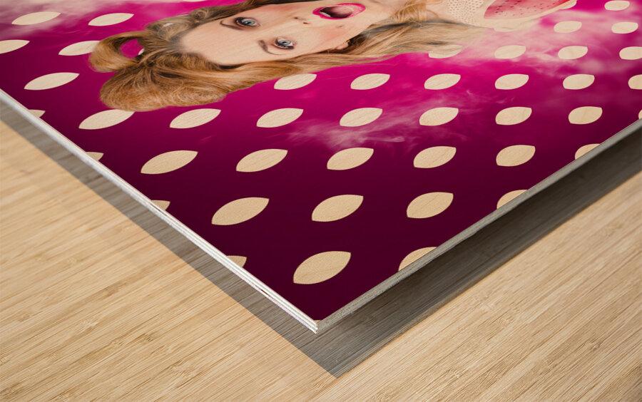 Funny pin-up woman pressing clothes. Dry cleaning Wood print