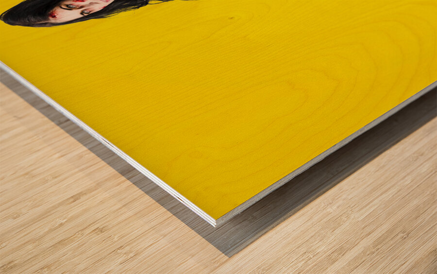 Creepy homicide girl standing undead on yellow Wood print