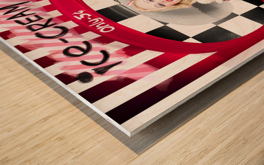 Beautiful blonde woman serving ice cream Wood print