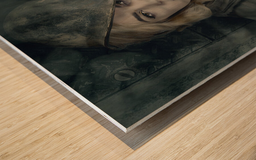 Female pinup soldier smoking cigarette in foxhole Wood print