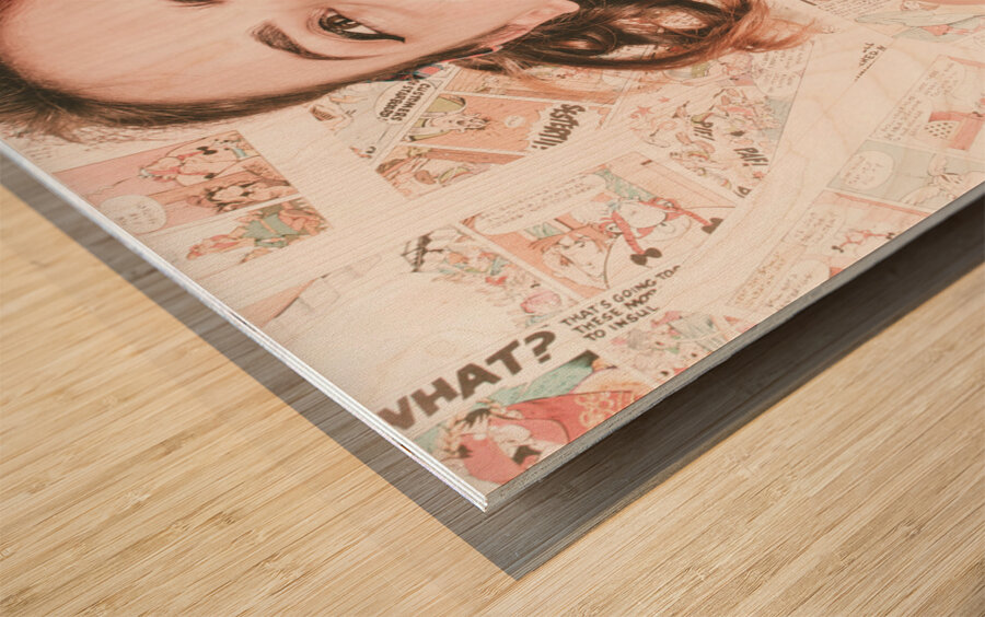 Pinup woman with cartoon character love Wood print