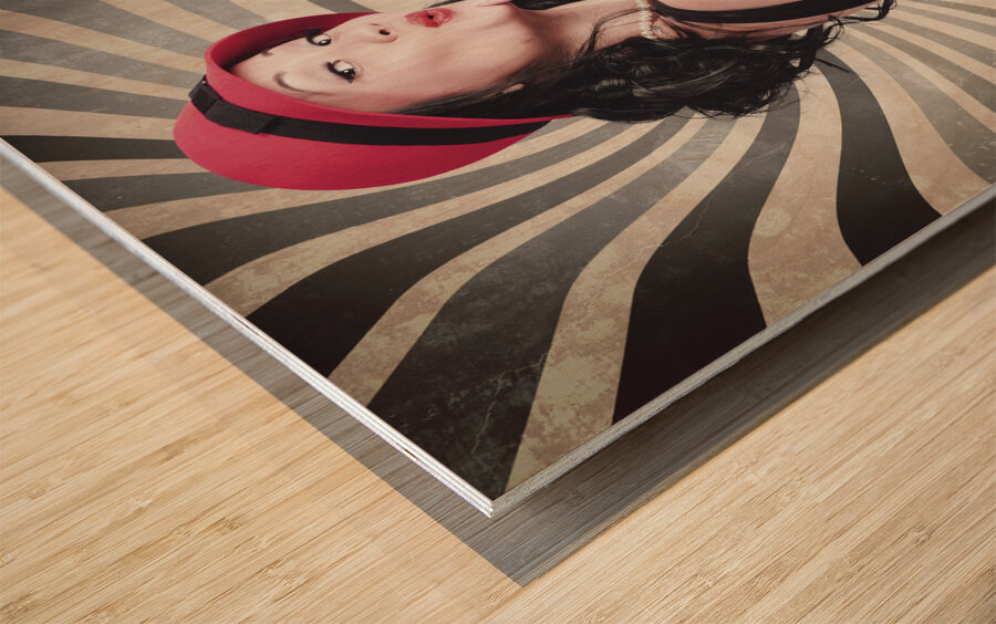 Beautiful model in vintage fashion accessories  Wood print