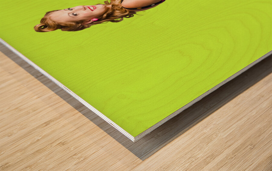 Happy woman in retro dress Wood print