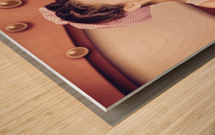 Retro pinup girl holding food and drinks tray Wood print